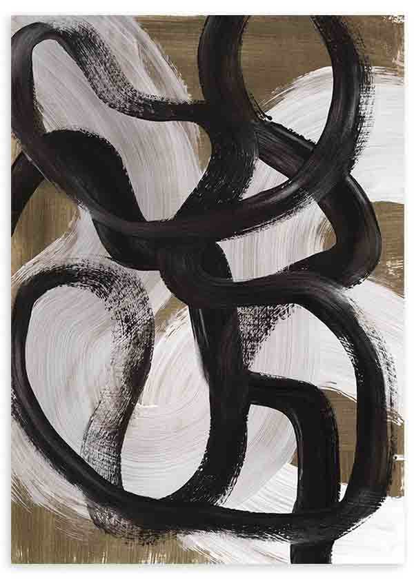 Quadro abstrato com linhas curvas pretas sobre fundo bege, estilo decorativo simples e moderno para a sala. Disponível em kudeko.com
