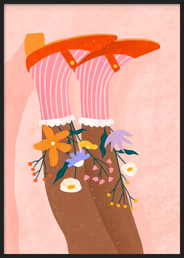 Cuadro ilustrado colorido piernas con medias rosas y flores Bea Muller, kudeko.com
