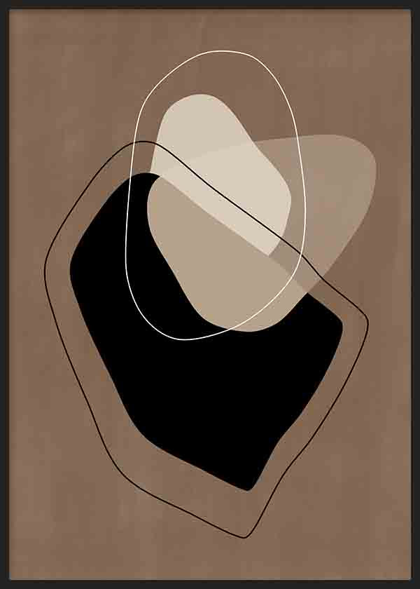 Quadro emoldurado com composição abstrata de formas orgânicas sobrepostas em castanho taupe, bege, creme e preto, com linhas finas claras e escuras, num estilo abstrato depurado. Disponível em kudeko.com