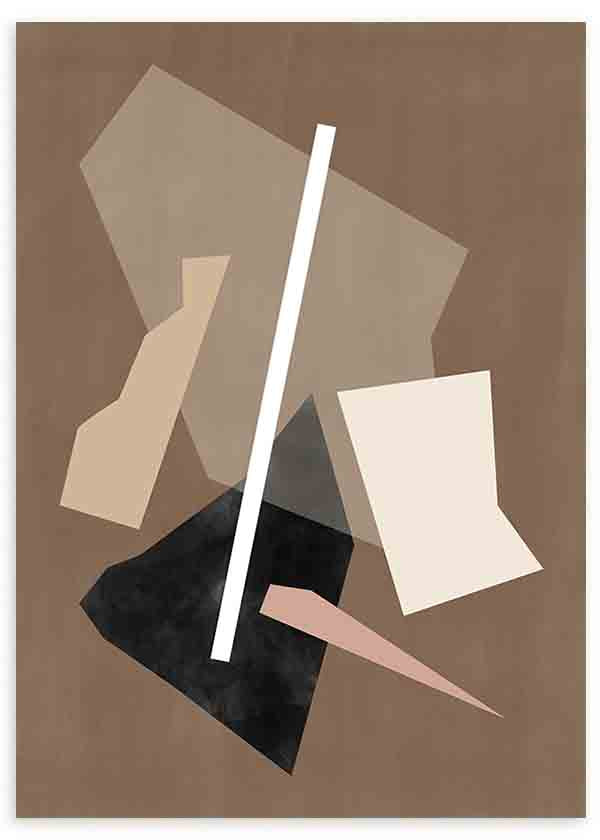 Quadro com composição abstrata de formas recortadas em castanho, bege, preto, branco e rosa envelhecido, num estilo contemporâneo e depurado para decoração de parede. Disponível em kudeko.com