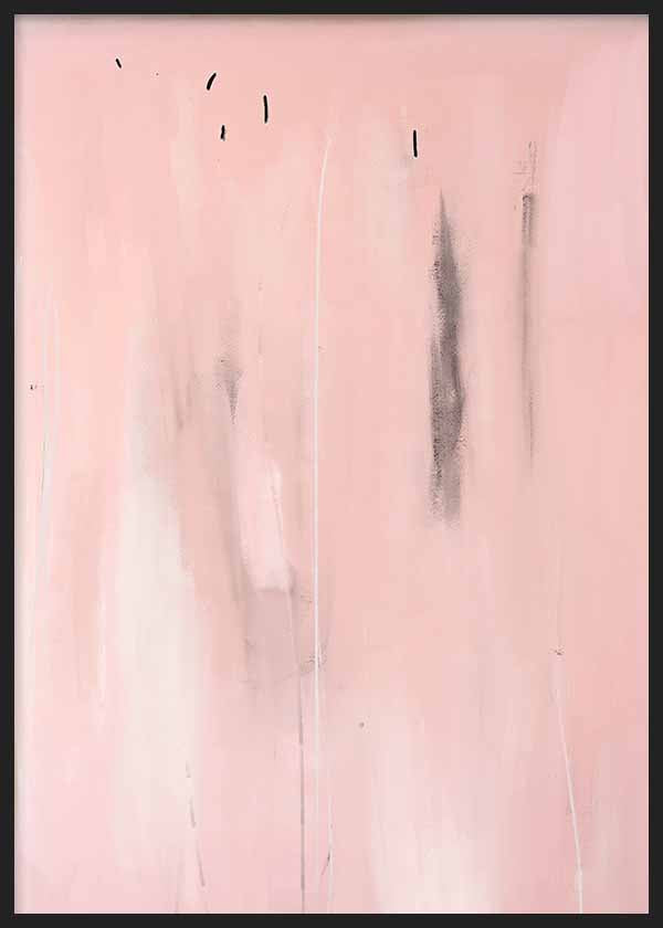 Quadro abstrato com fundo rosa e detalhes minimalistas em preto e branco, estilo decorativo simples, kudeko.com. Disponível em kudeko.com