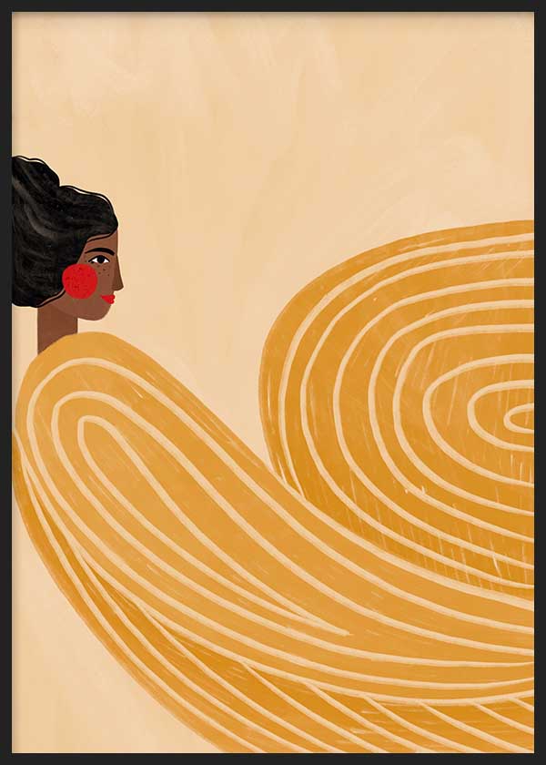 Cuadro ilustrado colorido mujer con formas curvas doradas de Bea Muller, kudeko.com
