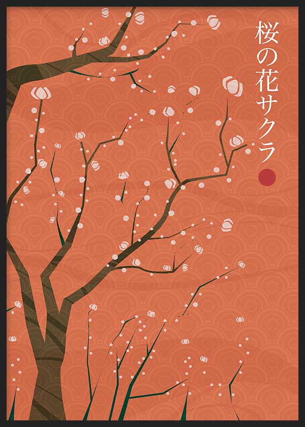 Cuadro japonés con ramas de cerezo en flor sobre fondo terracota, kudeko.com
