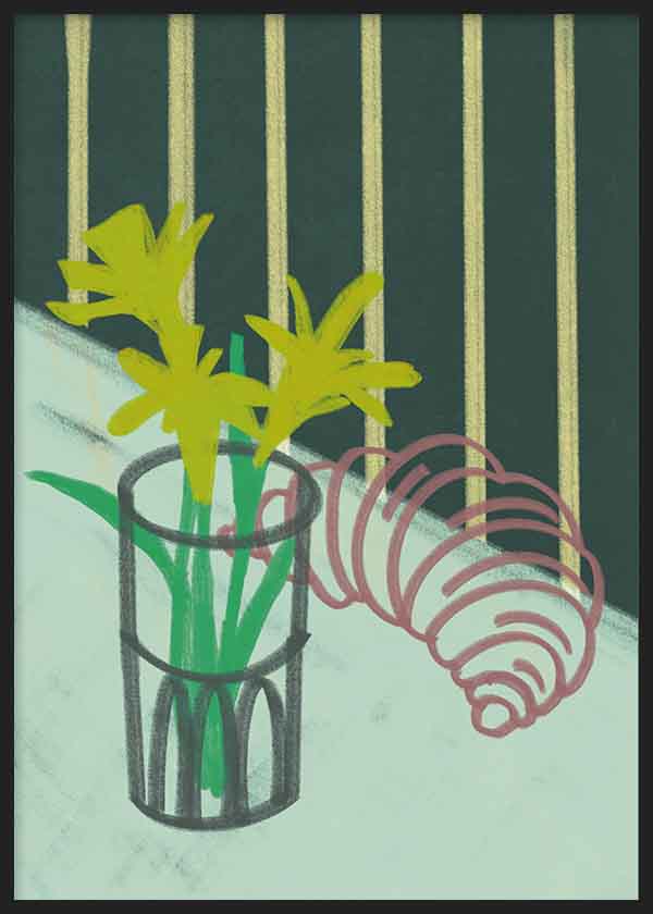 Quadro quadrado colorido de flores e croissant disponível em kudeko.com