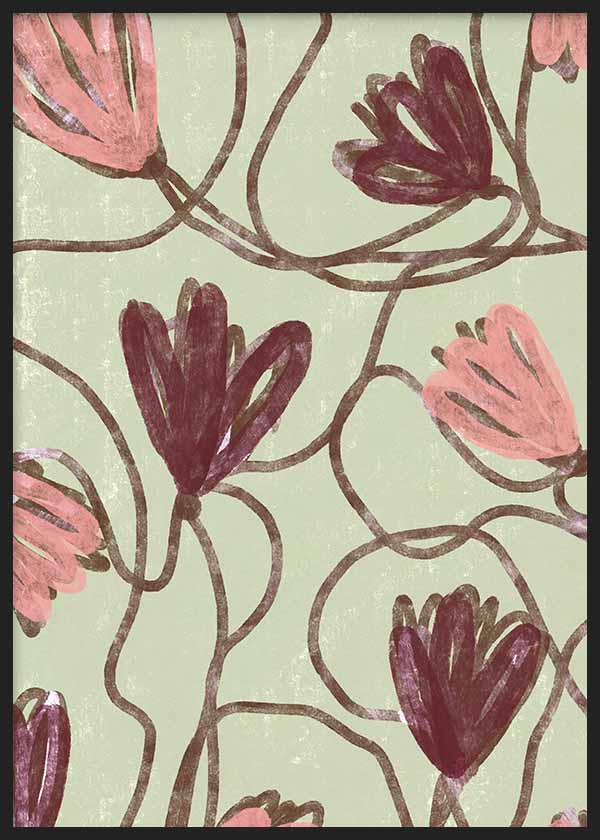 Cuadro con flores estilizadas en tonos rosa empolvado, granate y marrón sobre fondo verde suave, de estilo floral. Disponible en kudeko.com