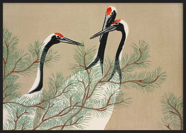 Horizontales Wandbild im japanischen Stil mit Kranichen und Kiefernzweigen im Japandi Stil, kudeko.com. Erhältlich auf kudeko.com