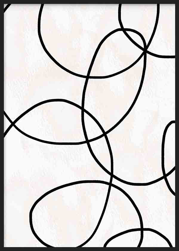 Cuadro de líneas curvas negras entrelazadas sobre fondo blanco roto, composición abstracta limpia de estilo minimalista. Disponible en kudeko.com