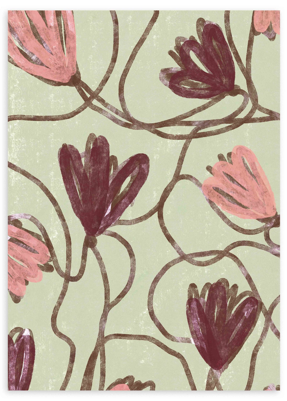 Cuadro con flores estilizadas en tonos rosa empolvado, granate y marrón sobre fondo verde suave, de estilo floral. Disponible en kudeko.com