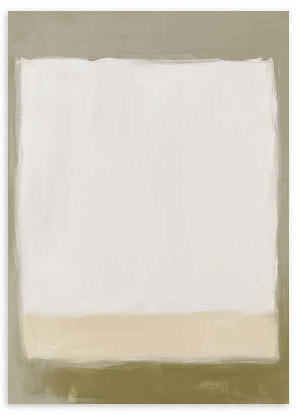 Tableau abstrait avec blocs blancs, beige et gris olive, style décoratif épuré et harmonie neutre pour intérieur contemporain. Disponible sur kudeko.com
