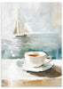 Cuadro minimalista de una taza de café y un paisaje náutico. Disponible en kudeko.com