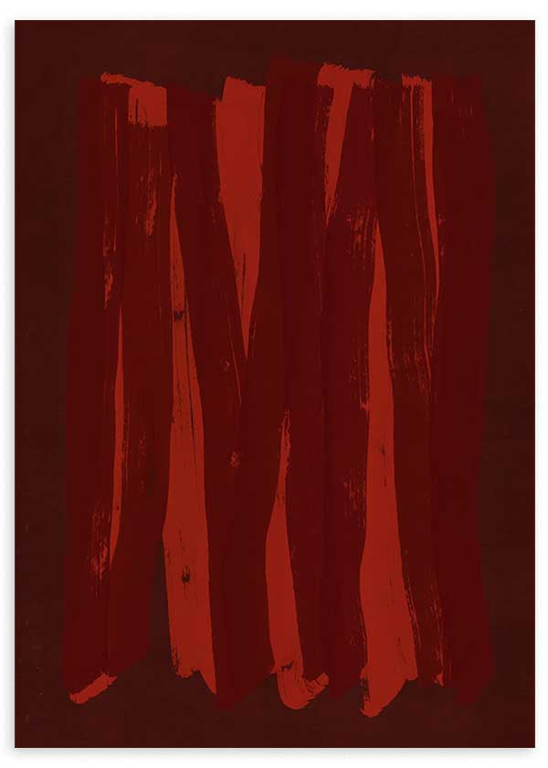 Cuadro abstracto burdeos y rojo con franjas verticales irregulares, kudeko.com
