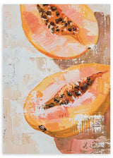 Quadratisches Wandbild mit Papaya-Hälften. Verfügbar auf kudeko.com