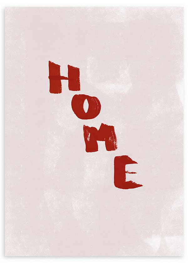 Cuadro con la palabra HOME en letras burdeos sobre fondo beige, kudeko.com
