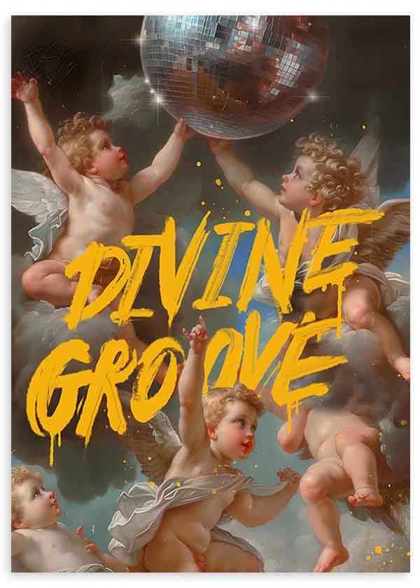 Quadro pop art com anjos renascentistas e bola de discoteca, com a frase “Divine Groove”. Disponível em kudeko.com