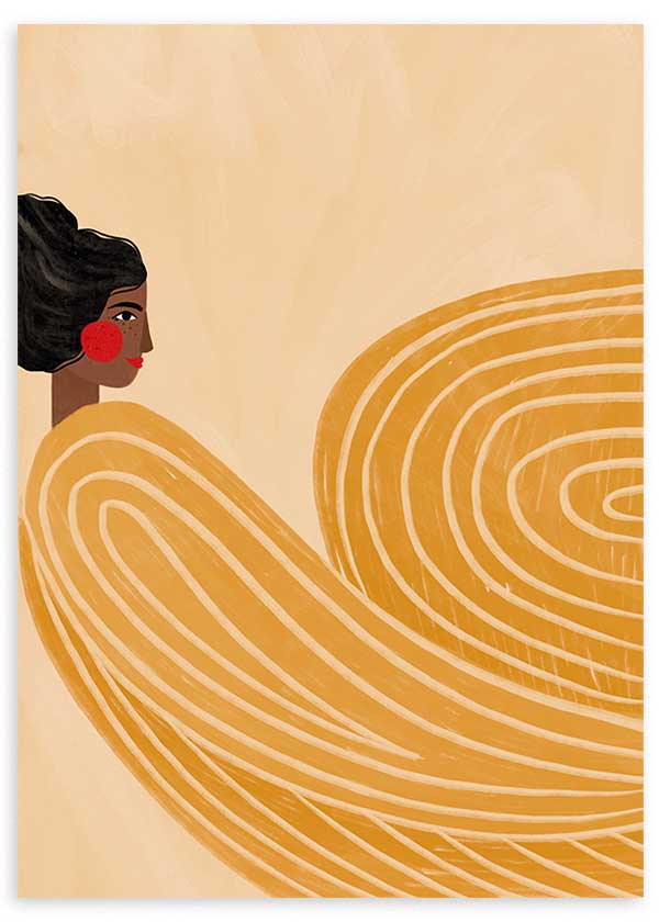 Cuadro ilustrado colorido mujer con formas curvas doradas de Bea Muller, kudeko.com
