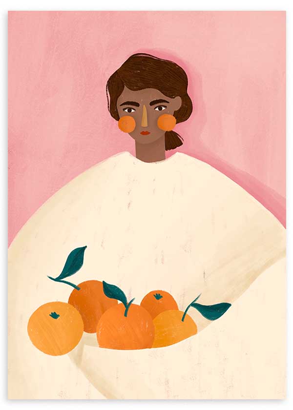 Cuadro ilustrado colorido con retrato femenino sosteniendo naranjas, obra de Bea Muller, kudeko.com
