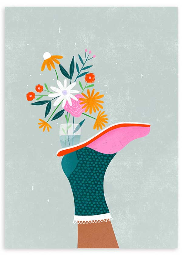 Cuadro ilustrado colorido con pierna y flores en vaso, obra de Bea Muller, kudeko.com
