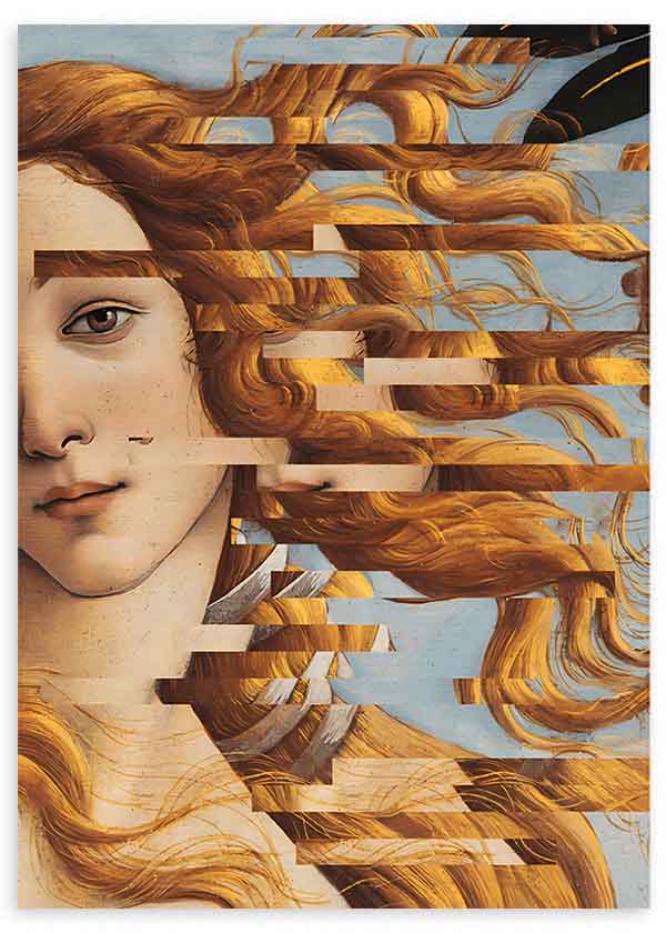 Quadro surrealista da Vénus de Botticelli com efeito glitch, disponível em kudeko.com. Disponível em kudeko.com