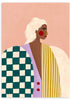 Cuadro ilustrado colorido con retrato femenino moderno y vestimenta geométrica, obra de Bea Muller, kudeko.com
