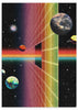 Cuadro futurista surrealista con planetas, estructura geométrica y luces neón, disponible en kudeko.com.
