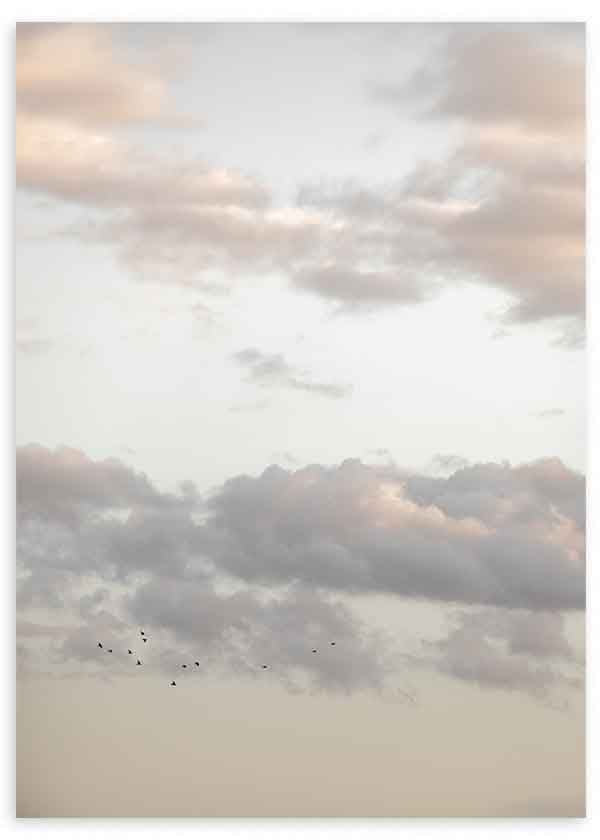 Quadro fotográfico com céu nublado em tons suaves e aves em voo, evocando calma e liberdade numa decoração de parede serena. Disponível em kudeko.com