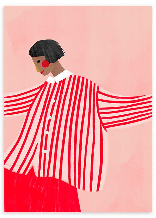 Quadro ilustrado colorido com mulher de camisa às riscas vermelhas, estilo decorativo contemporâneo de Bea Muller. Disponível em kudeko.com