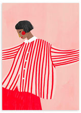 Cuadro ilustrado colorido mujer con camisa de rayas rojas de Bea Muller, kudeko.com
