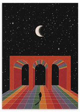 Cuadro futurista surrealista con arco arquitectónico, cielo estrellado y suelo multicolor, disponible en kudeko.com.

