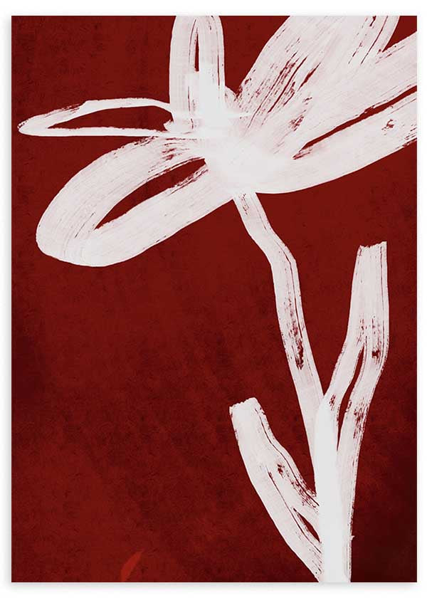 Cuadro floral minimalista con flor blanca sobre fondo burdeos, kudeko.com
