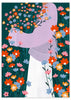 Cuadro ilustrado colorido con mujer sosteniendo ramo de flores silvestres en tonos rojos, azules y rosas, obra de Bea Muller, kudeko.com
