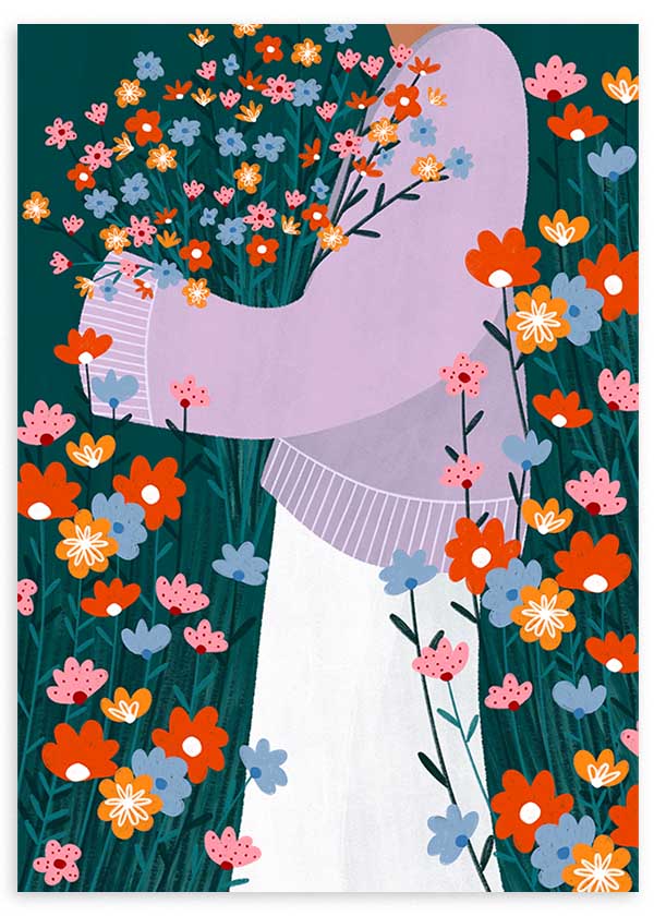 Cuadro ilustrado colorido con mujer sosteniendo ramo de flores silvestres en tonos rojos, azules y rosas, obra de Bea Muller, kudeko.com
