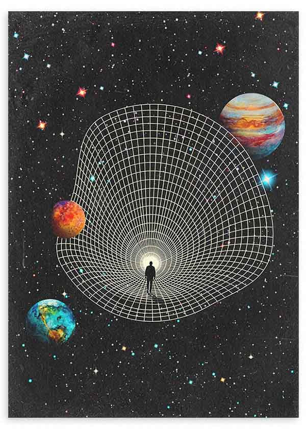 Tableau surréaliste avec silhouette humaine entrant dans une singularité cosmique, entourée de planètes et d’étableaux encadrés, ambiance abstraite et spatiale. Disponible sur kudeko.com