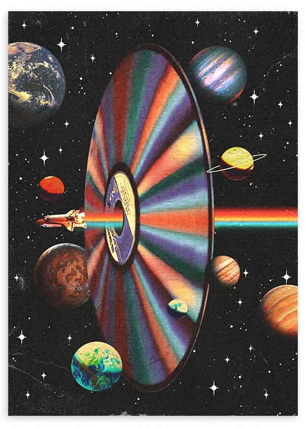 Quadro surrealista com disco óptico no espaço, nave espacial e planetas, disponível em kudeko.com. Disponível em kudeko.com