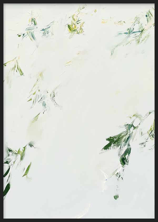 Cuadro abstracto blanco con detalles verdes naturales, kudeko.com
