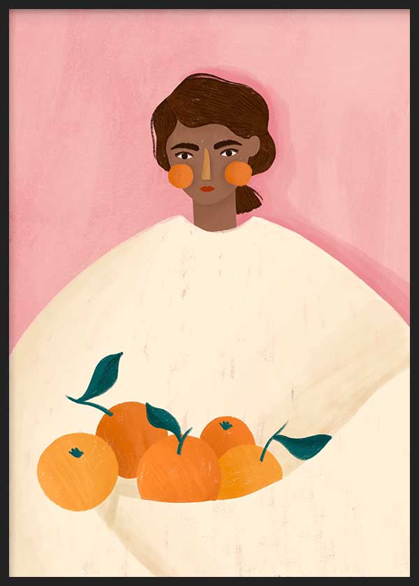 Cuadro ilustrado colorido con retrato femenino sosteniendo naranjas, obra de Bea Muller, kudeko.com
