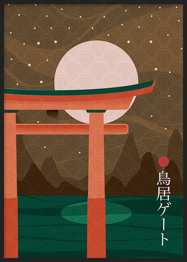 Cuadro japonés con torii y luna llena sobre cielo estrellado, kudeko.com
