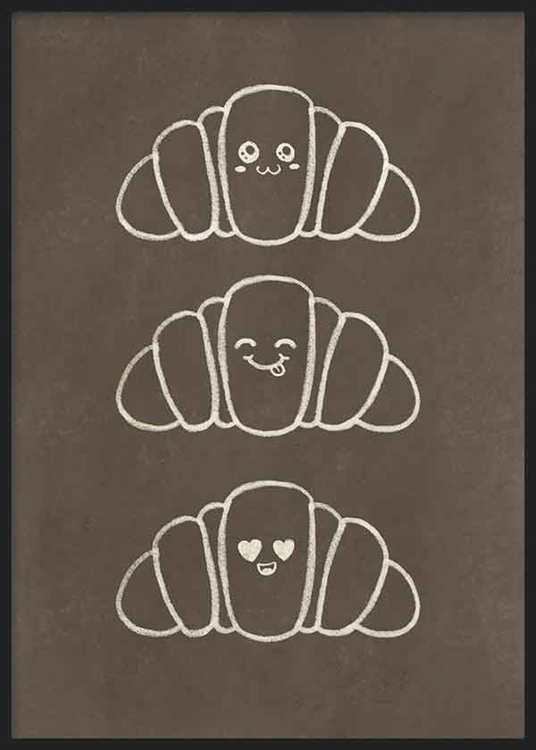 Quadro quadrado minimalista com adoráveis croissants felizes. Disponível em kudeko.com