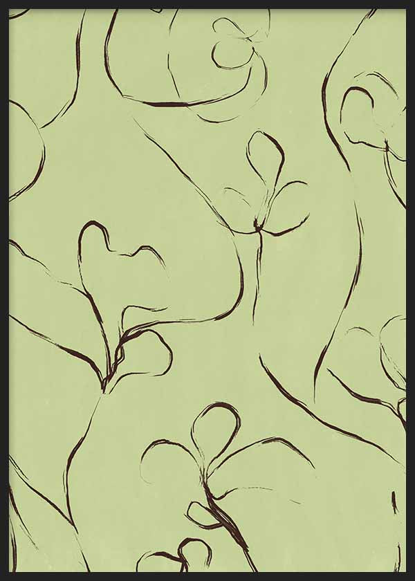 Cuadro de flores de líneas curvas y contornos oscuros sobre fondo verde claro, con composición orgánica de estilo floral. Disponible en kudeko.com