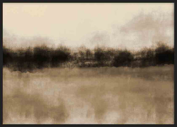 Quadro horizontal de paisagem abstrata com campo em tons bege e areia, linha de árvores escuras esbatidas, nuances castanhas e estilo abstrato sereno. Disponível em kudeko.com