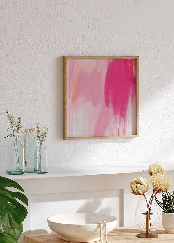 Quadratisches Wandbild abstrakt in Rosa- und Fuchsiatönen für moderne Dekoration kudeko.com. Erhältlich auf kudeko.com