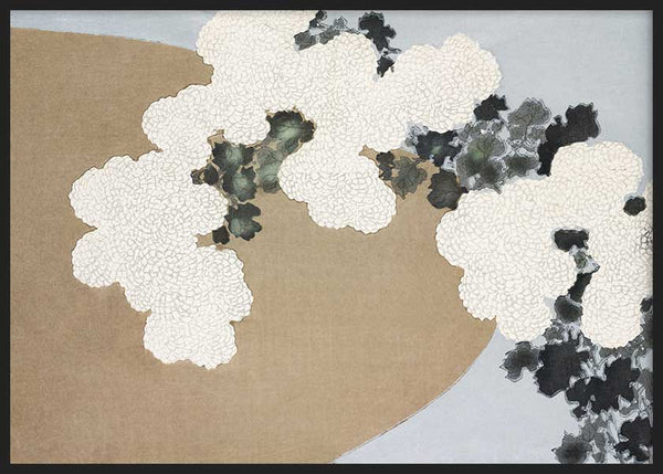 Quadro horizontal com flores brancas e folhas verdes em estilo Japandi, ambiente decorativo simples e equilibrado. Disponível em kudeko.com
