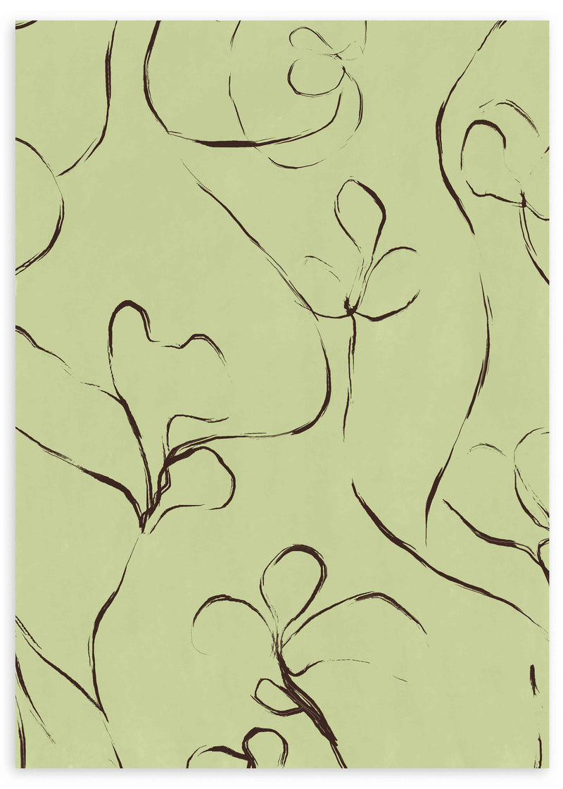 Tableau encadré de fleurs aux lignes courbes, contours foncés, fond vert clair et composition organique dans un style floral épuré et contemporain. Disponible sur kudeko.com