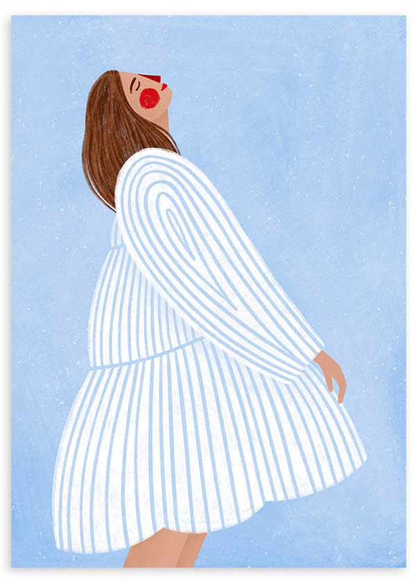 Cuadro ilustrado colorido mujer con vestido blanco y azul de Bea Muller, kudeko.com

