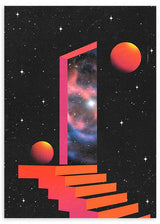 Cuadro surrealista de escalera y puerta cósmica con galaxia, disponible en kudeko.com.
