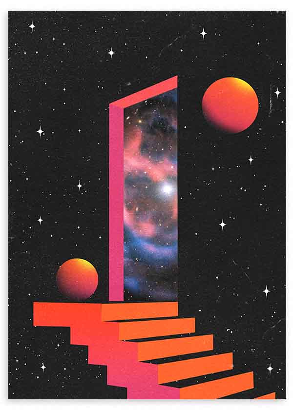 Cuadro surrealista de escalera y puerta cósmica con galaxia, disponible en kudeko.com.
