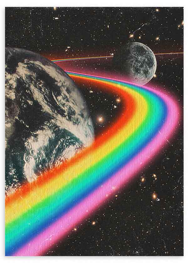 Tableau surréaliste avec arc-en-ciel dans l’espace reliant la Terre et la Lune, disponible sur kudeko.com. Disponible sur kudeko.com
