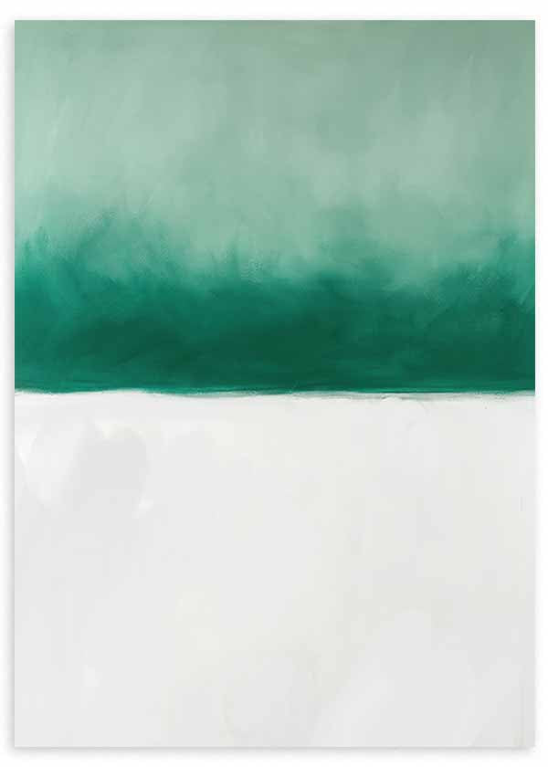 Quadro abstrato minimalista em verde esmeralda e branco com estilo decorativo simples para interiores modernos. Disponível em kudeko.com