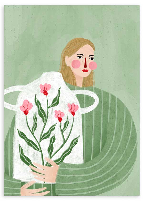 Cuadro ilustrado colorido mujer con jarrón de flores rosadas de Bea Muller, kudeko.com
