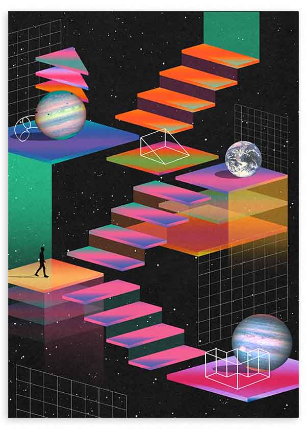 Cuadro surrealista con escaleras flotantes en el espacio y planetas, disponible en kudeko.com.
