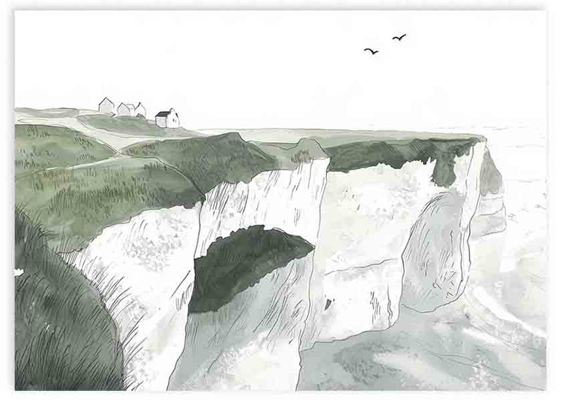 Cuadro horizontal de acantilados blancos junto al mar, colinas verdes suaves, casas lejanas y aves en el cielo, en estilo infantil. Disponible en kudeko.com